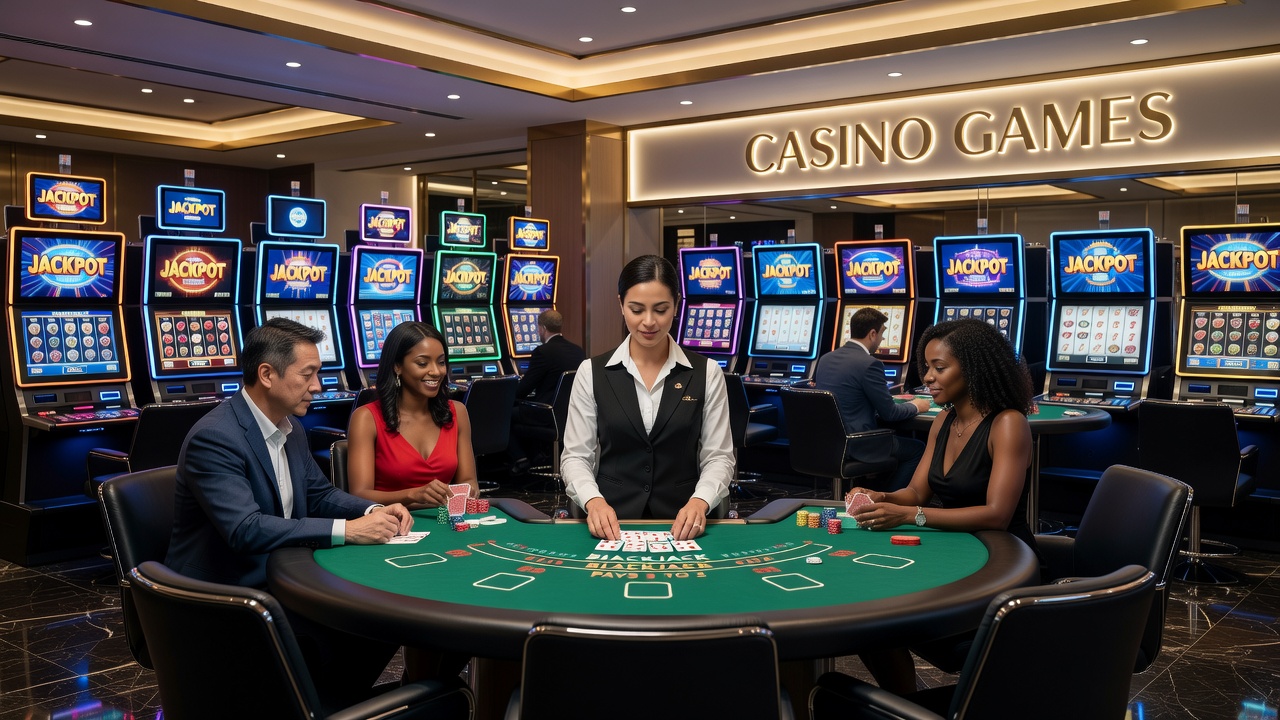 Close-up of dice rolling on a craps table with chips stacked nearby in a busy casino environment