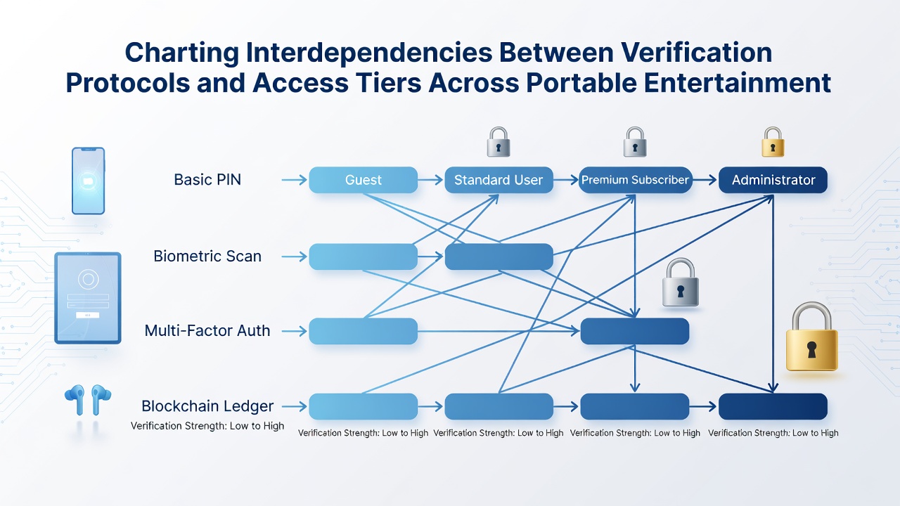 Chart depicting data flows between mobile verification systems and tiered access controls in entertainment applications across different operating systems