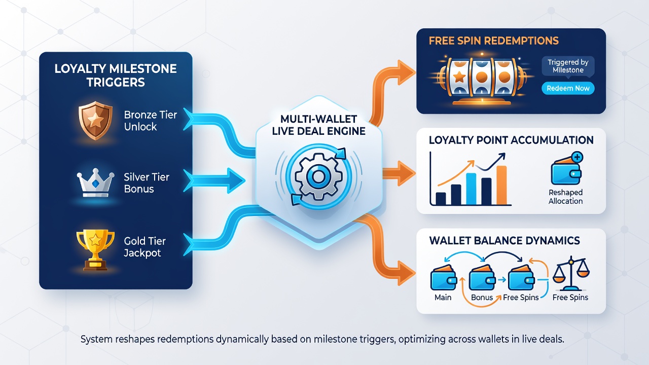 Flowchart illustrating how loyalty points activate free spin changes across connected digital wallets