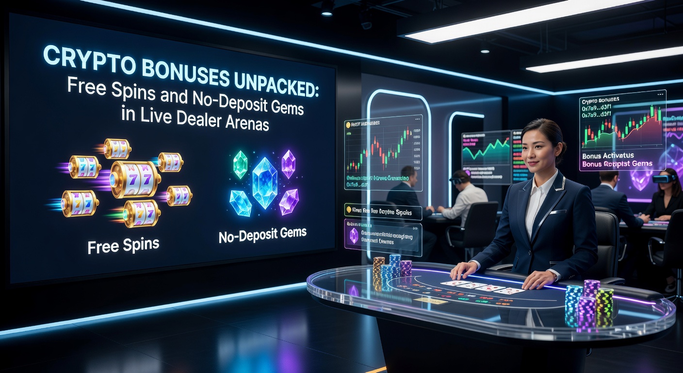 Close-up of a live dealer spinning a crypto-themed bonus wheel with free spins and no-deposit chip icons glowing on screen