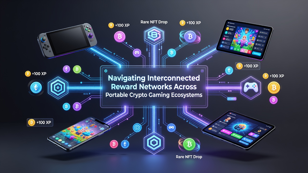 Diagram showing data flows between mobile devices, crypto wallets, and reward ledgers in gaming ecosystems