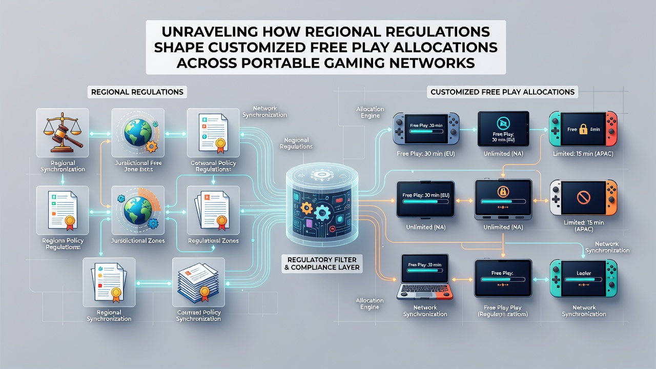 Diagram showing mobile gaming networks adapting free play based on location rules